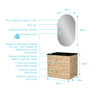 Meuble Salle de Bains 60cm 2 Tiroirs Chêne Naturel + Vasque Noire et Miroir Ovale