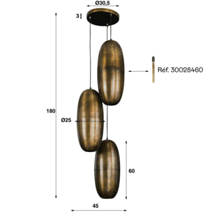 Suspension vintage 3 lampes cuivrées forme ellipse RALF