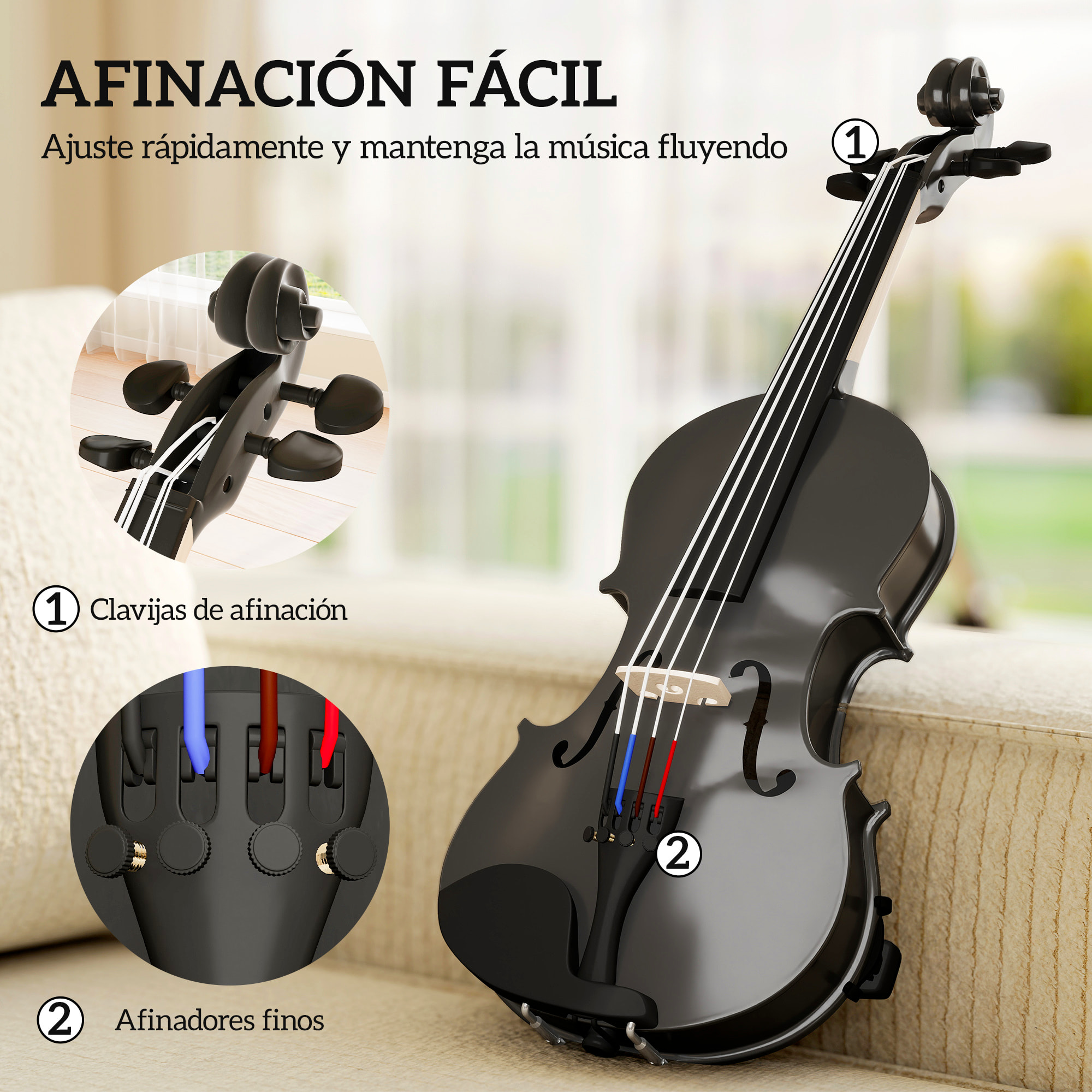 Violín 4/4 de Tamaño Completo de Madera, Set de Violín para Principiantes, Adultos y Niños, con Estuche Ligero, Arco, Colofonia, Afinadores, Cuerdas y Soporte para Hombro, Negro