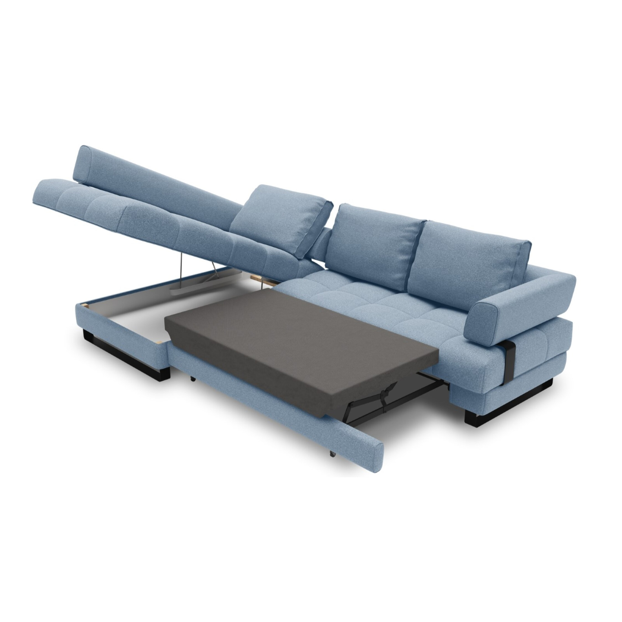 Canapé d'angle gauche convertible avec coffre de rangement "Clinton" 5 places en tissu structurel bleu