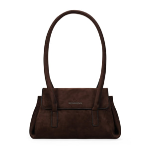 Bolso de hombro marrón con solapa y doble asa