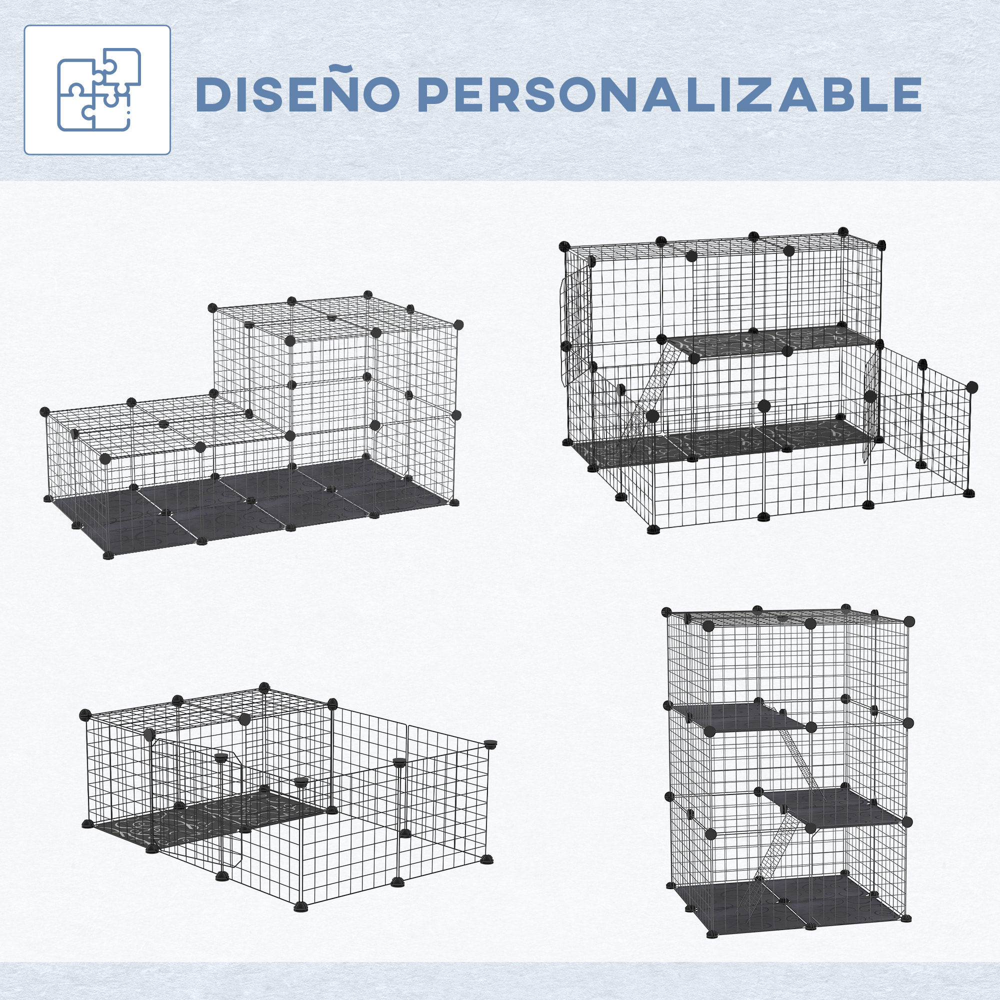 Jaula para Animales Pequeños de 3 Niveles Parque para Mascotas con Rampas y Forma Personalizable para Cobayas Conejos Chinchillas 70x70x105 cm Negro