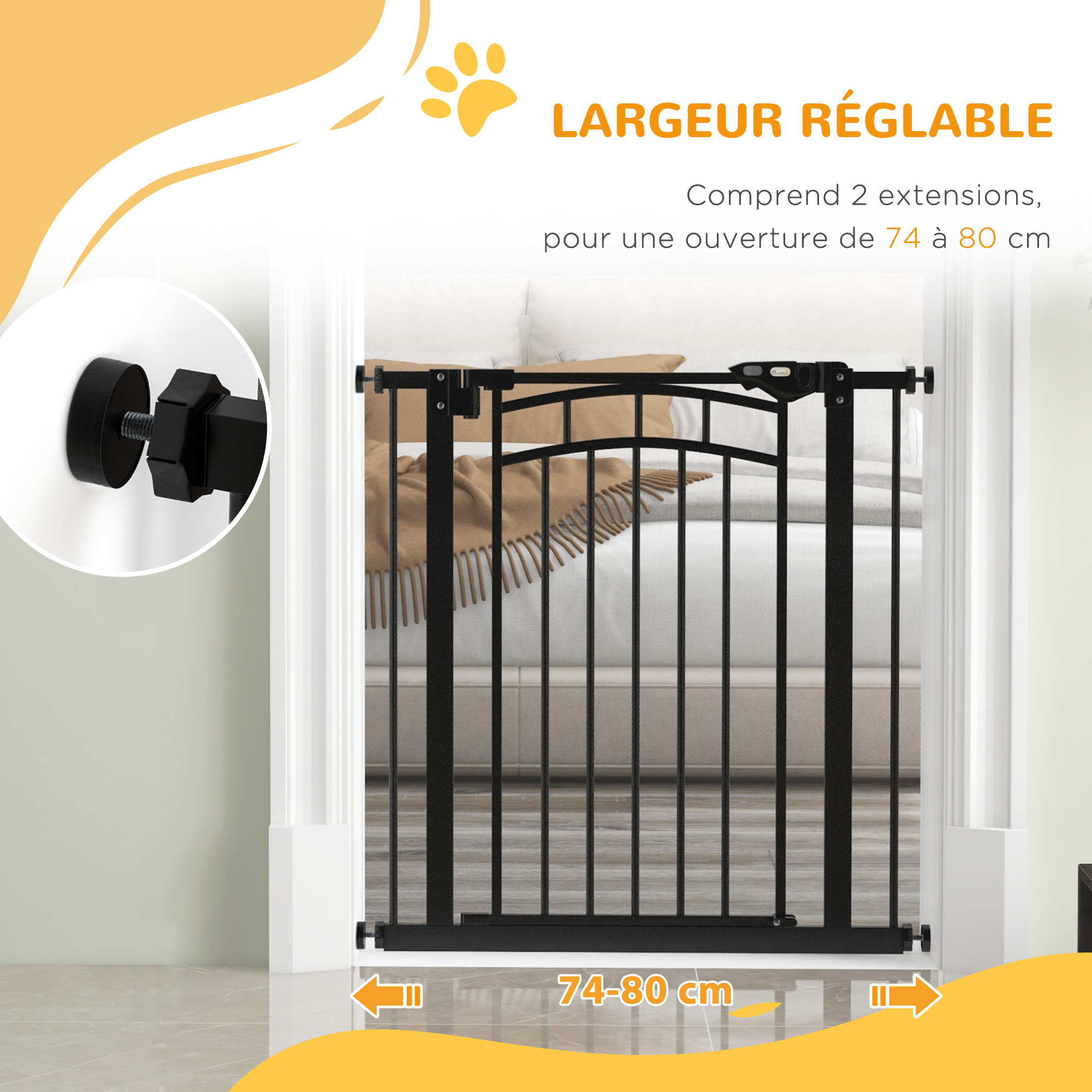 Barrière de sécurité pour chien extensible 74-80 cm, double verrouillage, fermeture automatique, barrière d'escalier à fixation par pression sans percer, hauteur 76 cm, noir