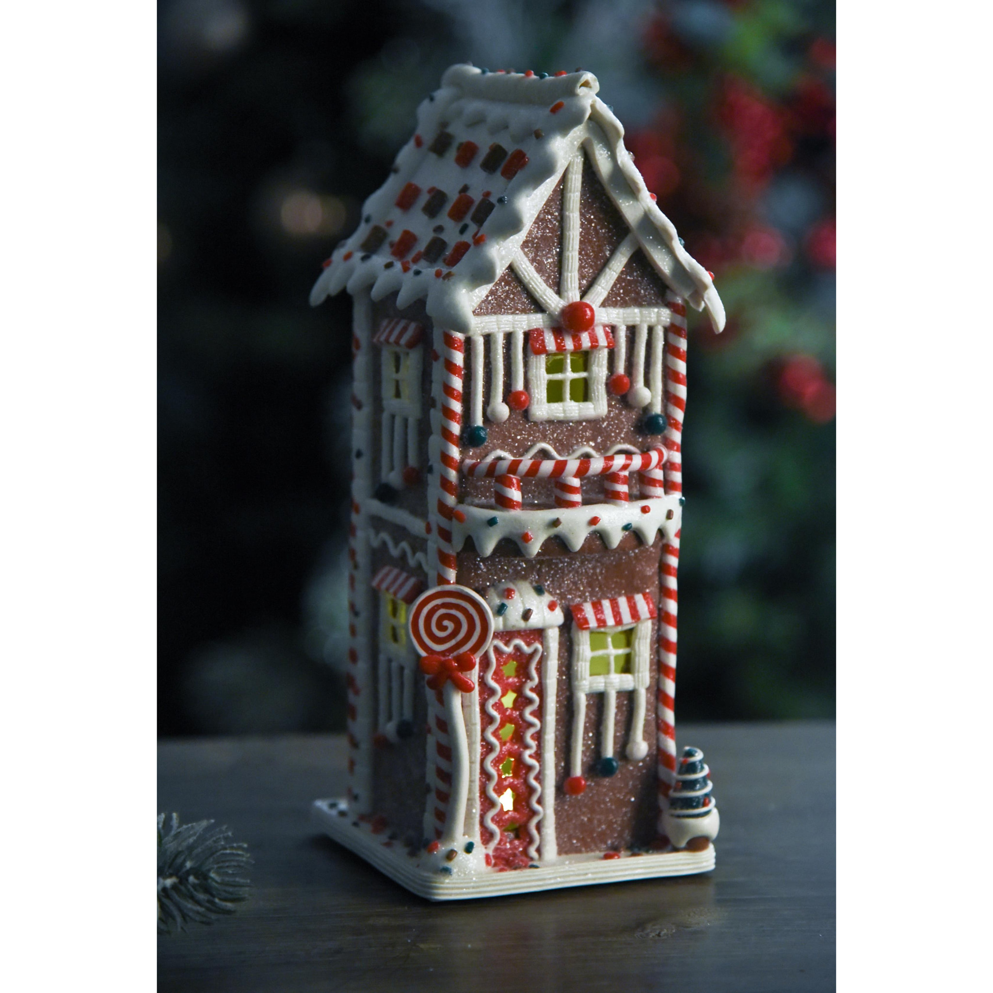 Palazzo Con Led In Stile Ginger Bread. Altezza 28,5 Cm - Pezzi 1 - 12X28,5X12cm - Colore: Marrone - Bianchi Dino - Articoli Natalizi