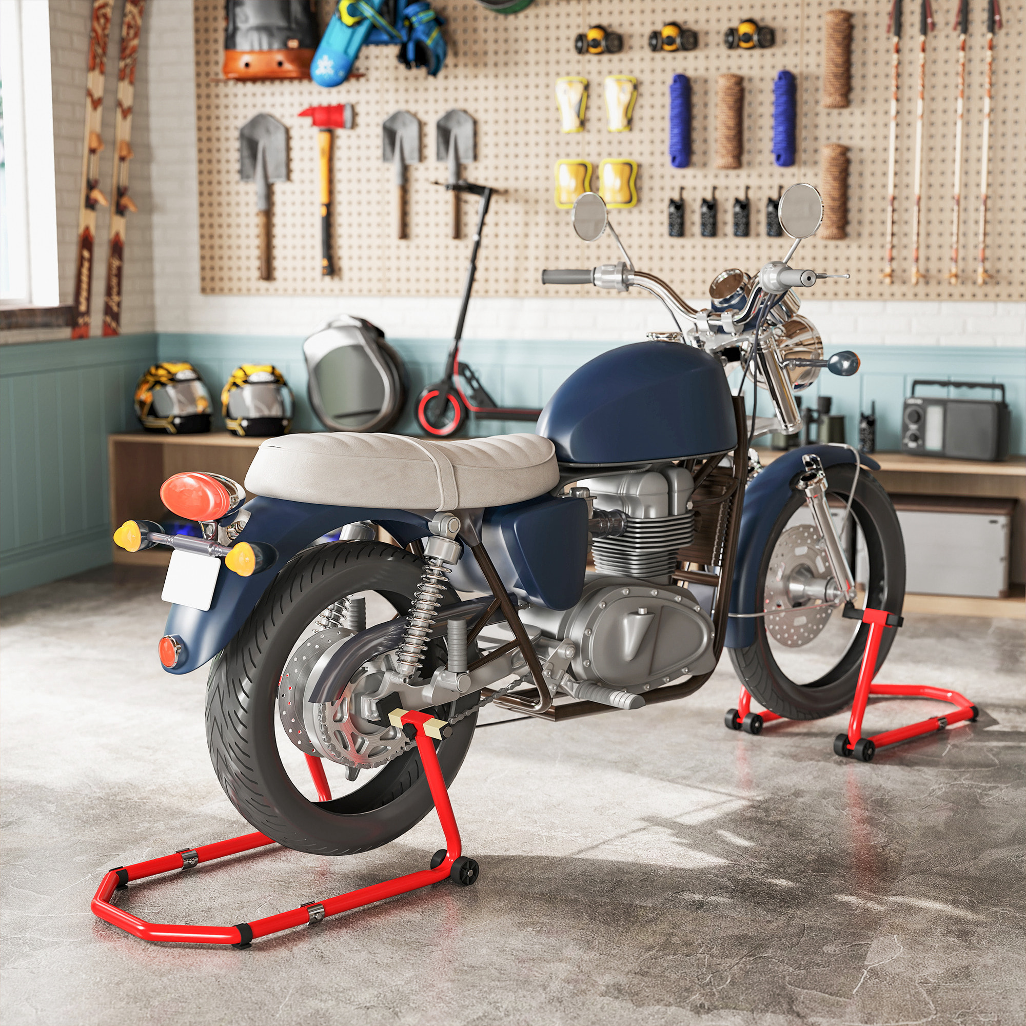 Caballete Moto Elevador Universal Carga 390 kg Combo Soporte de Rueda Delantera y Trasera Motocicleta con Adaptadores de Horquillas en U y L Ajustables y Ruedas para Reparación y Mantenimiento