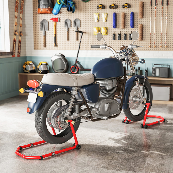 Caballete Moto Elevador Universal Carga 390 kg Combo Soporte de Rueda Delantera y Trasera Motocicleta con Adaptadores de Horquillas en U y L Ajustables y Ruedas para Reparación y Mantenimiento