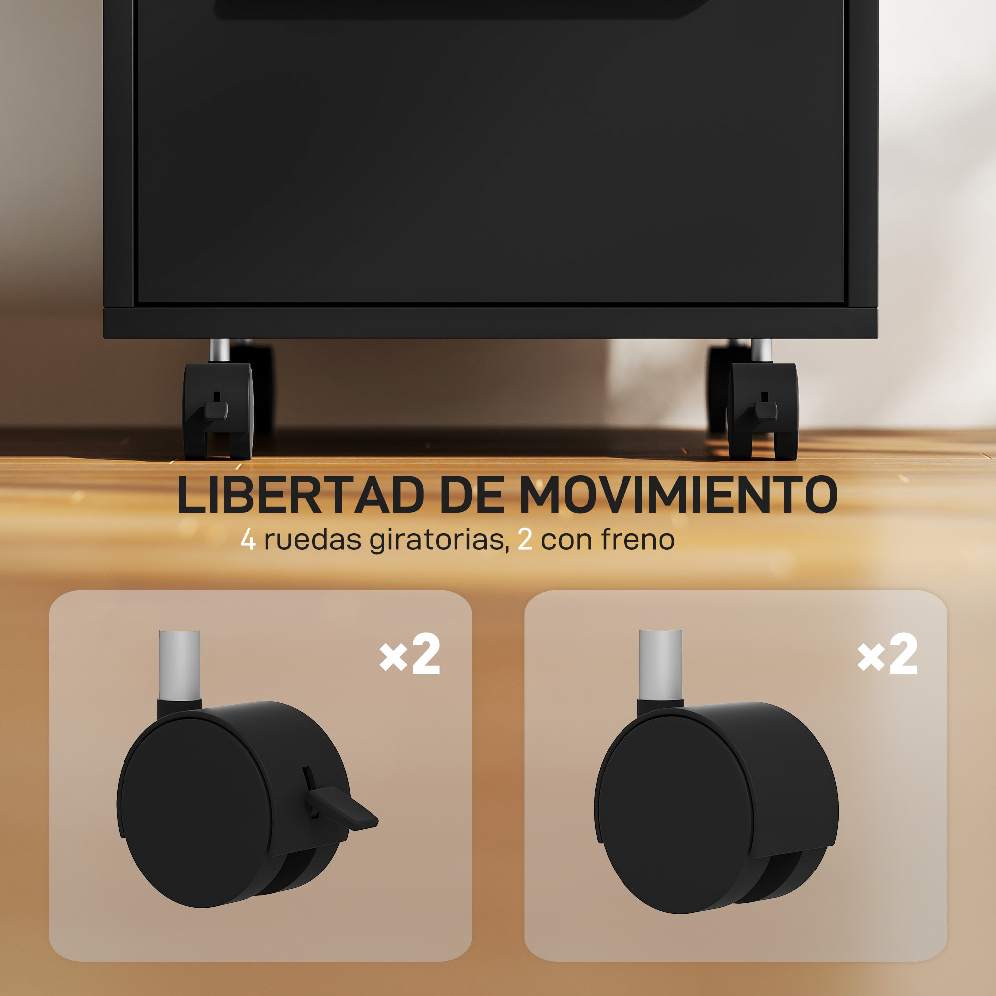 Cajonera de Escritorio con 3 Cajones, Cajonera de Oficina con Ruedas, Cerradura y 2 Llaves, Archivador Móvil para Estudio, Salón, 40x40x63,5 cm, Negro