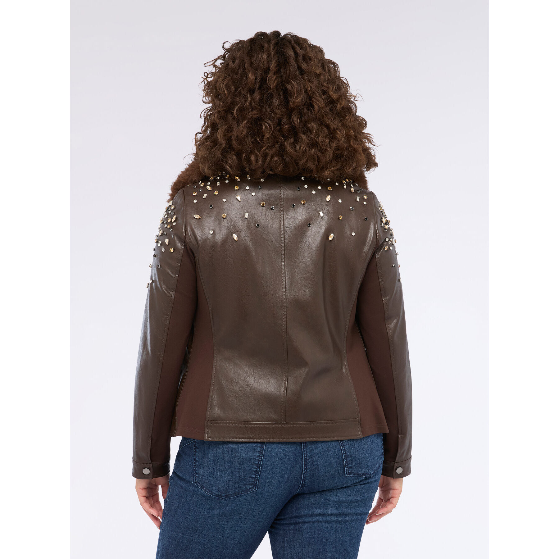 Fiorella Rubino - Chaqueta biker con puntos de luz y cuello de peluche - Marrón