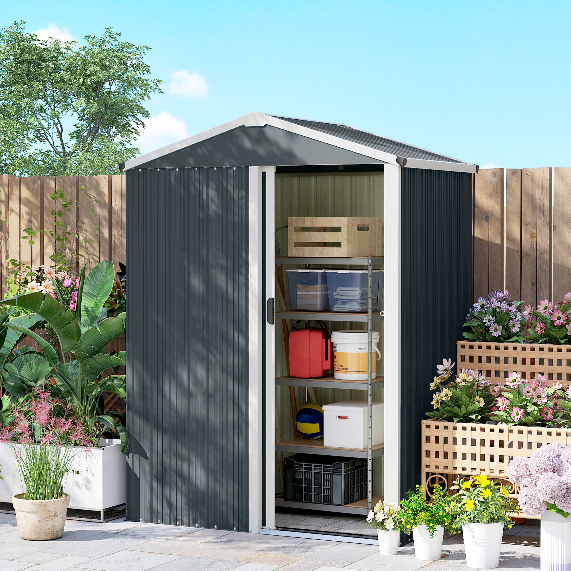 Caseta de Jardín Exterior 1,1 m², 136x87x179 cm, Cobertizo de Jardín Exterior Metálico con Puerta Corredera, Techo Inclinado y Guantes, para Almacenaje de Herramientas Bicicletas, Gris Oscuro