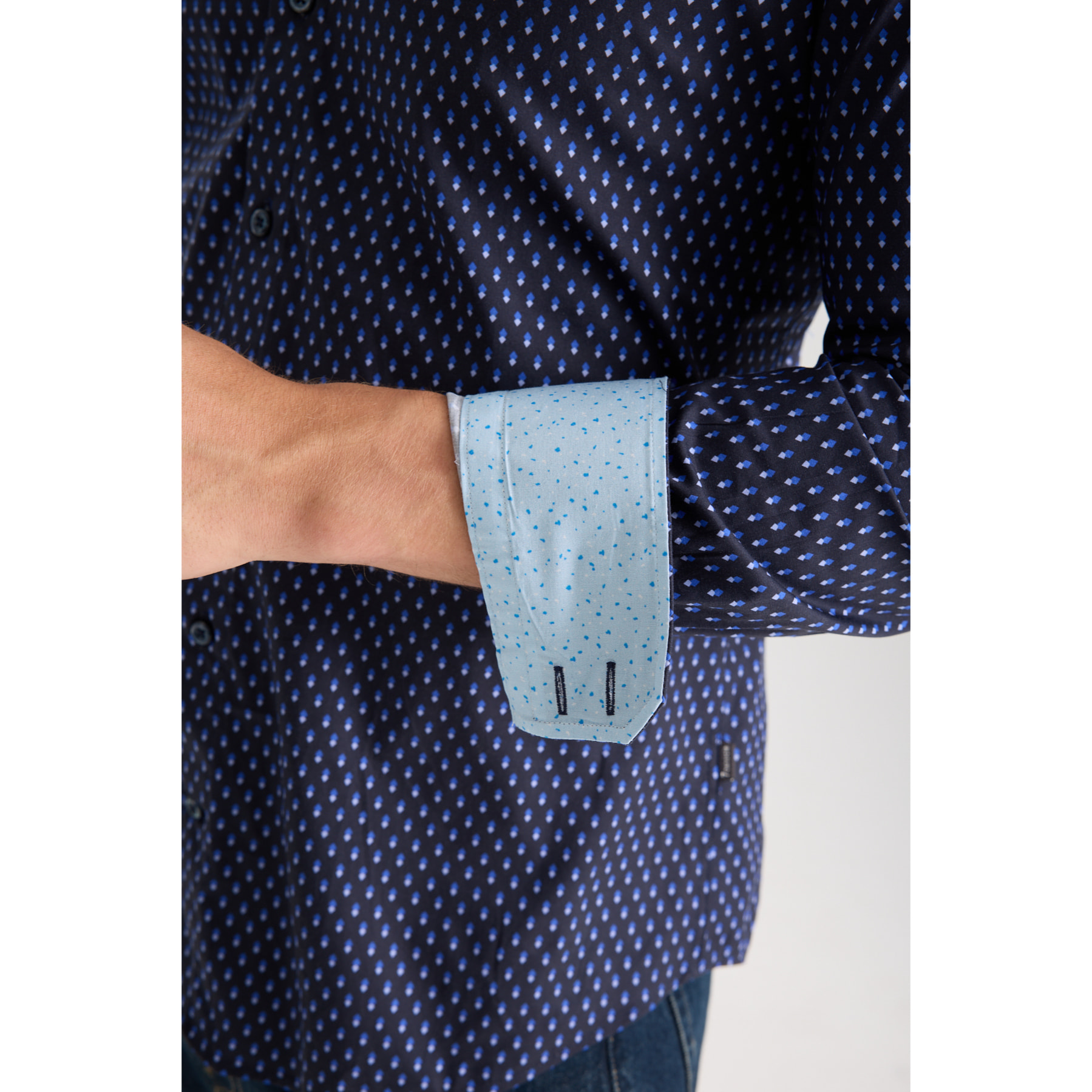 Camicia Uomo 2 Bottoni Button Down 7bottoni Doppio Coll Popeline Stretch Stampato Blu/Turchese