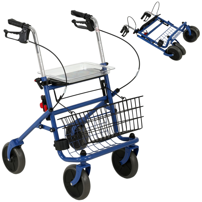 Andador para Ancianos Plegable, Andadores Adultos para Personas Mayores con Asiento y 4 Ruedas Altura Ajustable Frenos de Maneta Cesta Bandeja y Porta Bastón Azul