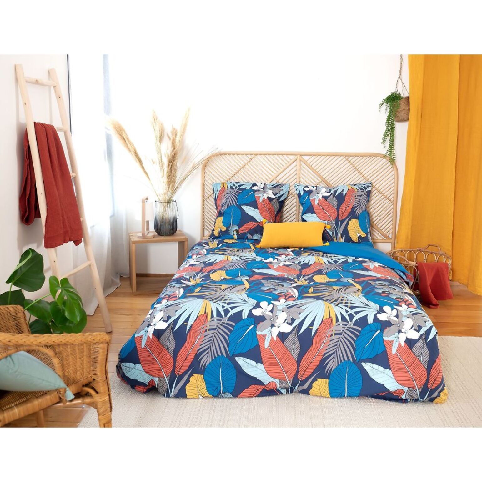 Parure housse de couette satin de coton bleu