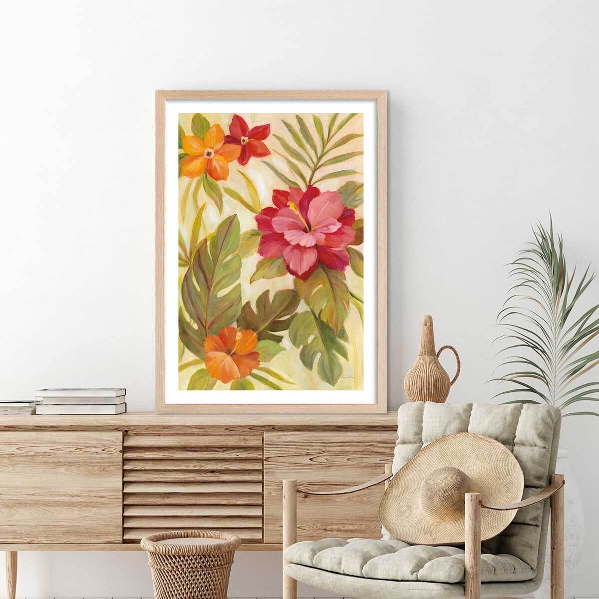 Poster Fleurs corail Affiche + cadre en bois - Chêne