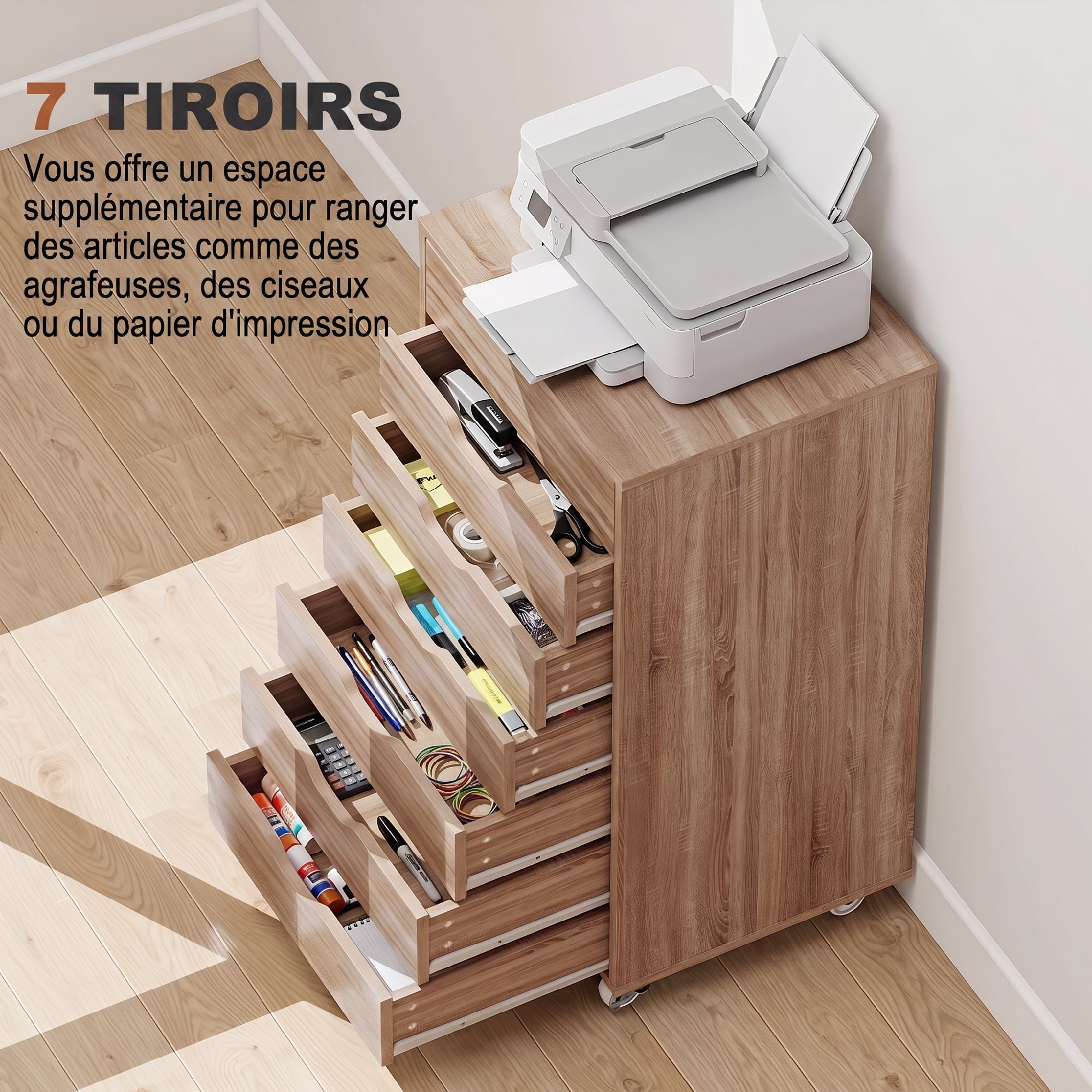 Caisson bureau - rangement bureau 7 tiroirs - dim. 47,5L x 39,5l x 90H cm - effet bois clair