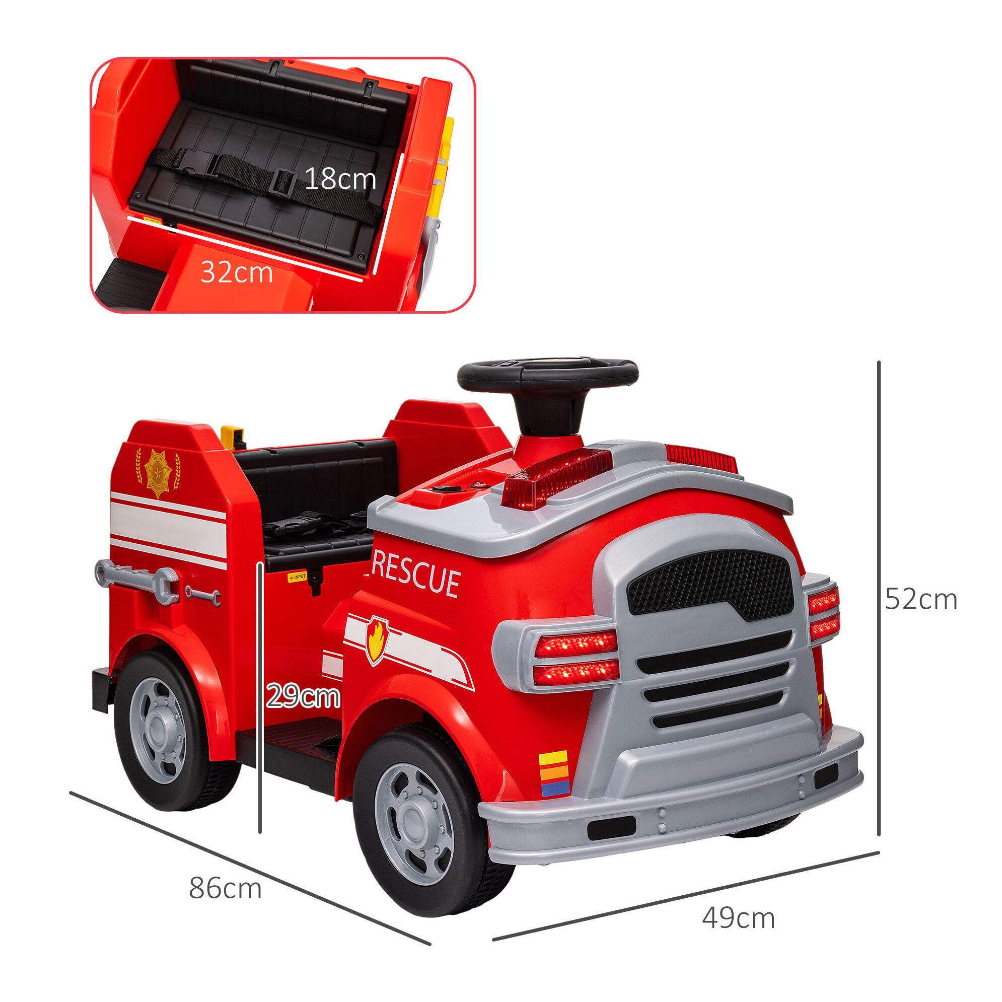 Coche Eléctrico para Niños de +3 Años Carro Eléctrico Infantil Camión de Bomberos para Niños con Batería 12V Sirena Faros Bocina Música y Herramientas de Bombero Rojo