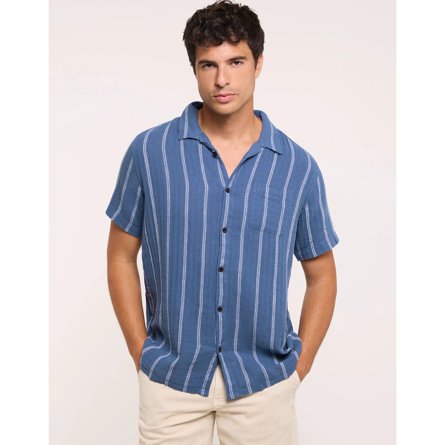 Camisa Manga Corta con Lino Azul Oscuro Rayas - Selvaire