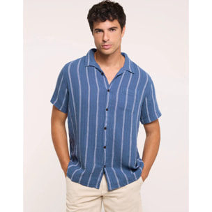 Camisa Manga Corta con Lino Azul Oscuro Rayas - Selvaire