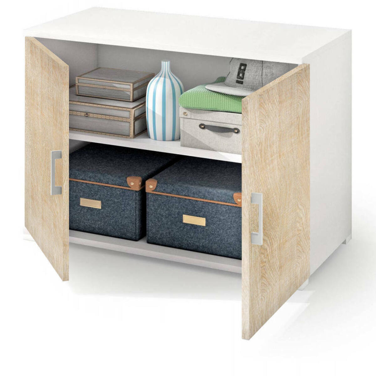 Armadio multiuso Serafinito, Mobile lineare a 2 Ante battenti con ripiano, Mobile da ingresso, Scarpiera moderna, 100% Made in Italy, 90x45h66 cm, Rovere e Bianco