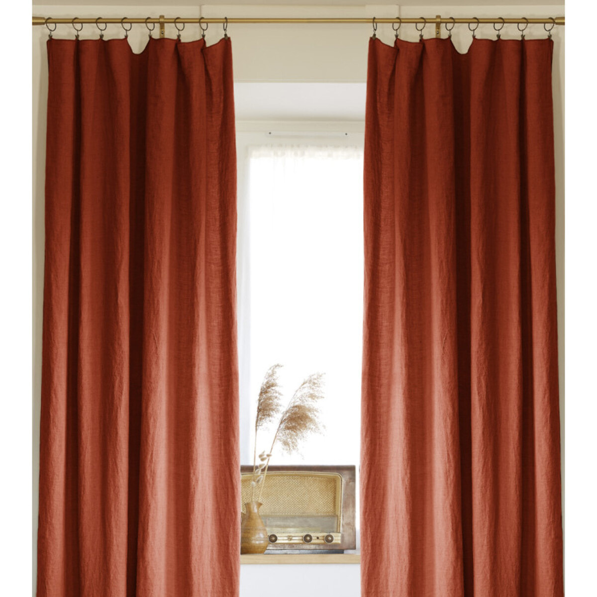 Lot de 2 rideaux ajustable + 8 anneaux pince "Soline" 140 x 270 cm Lin lavé - Couleur: Soline Paprika