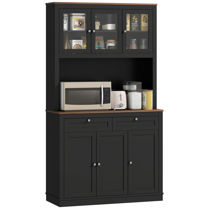 Alacena de Cocina, Mueble Auxiliar de Cocina, con 3 Puertas de Vidrio, Encimera Abierta para Microondas, 2 Cajones y Estantes Ajustables, 100x40x180 cm, Negro