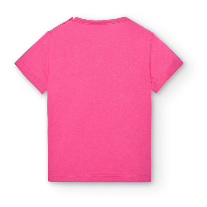 Camiseta bÃ¡sica niÃ±a, algodÃ³n, estampado, rosa, mangas