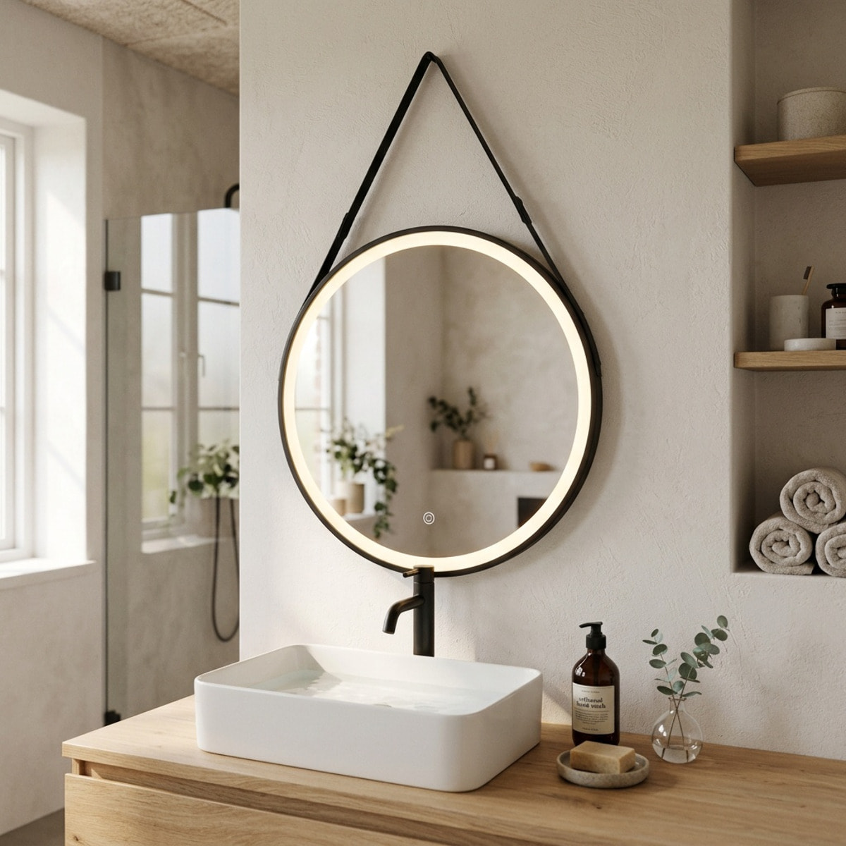 Miroir de salle de bain rond LED 60 cm avec capteur tactile et cadre en métal noir SAT (SATZREMLED60CE)