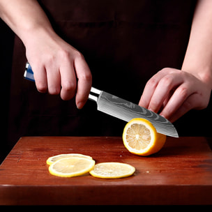 Set di coltelli da chef da 10 pezzi in stile Damasco con design elegante e manico ergonomico con estremità in acciaio.