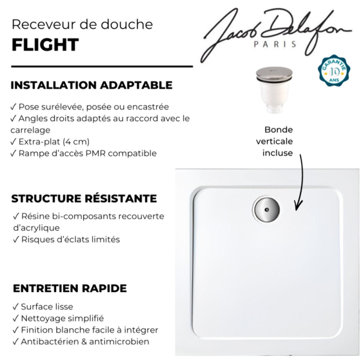 Receveur de douche 90 x 90 cm Flight carré blanc avec bonde verticale chromé