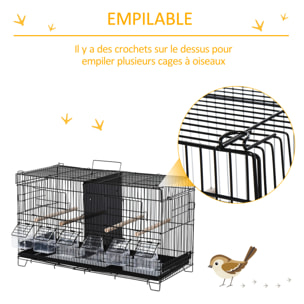 Cage à oiseaux mangeoires perchoirs 4 portes plateau excrément poignée métal PP noir