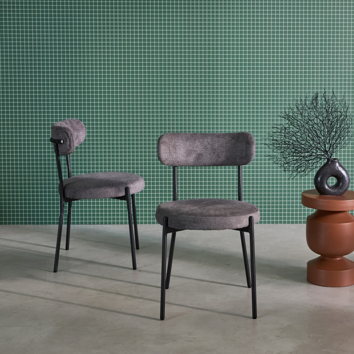 Lot de deux chaises métal et tissu chenille gris L 47 x P 49 x H 76.5cm - Livia