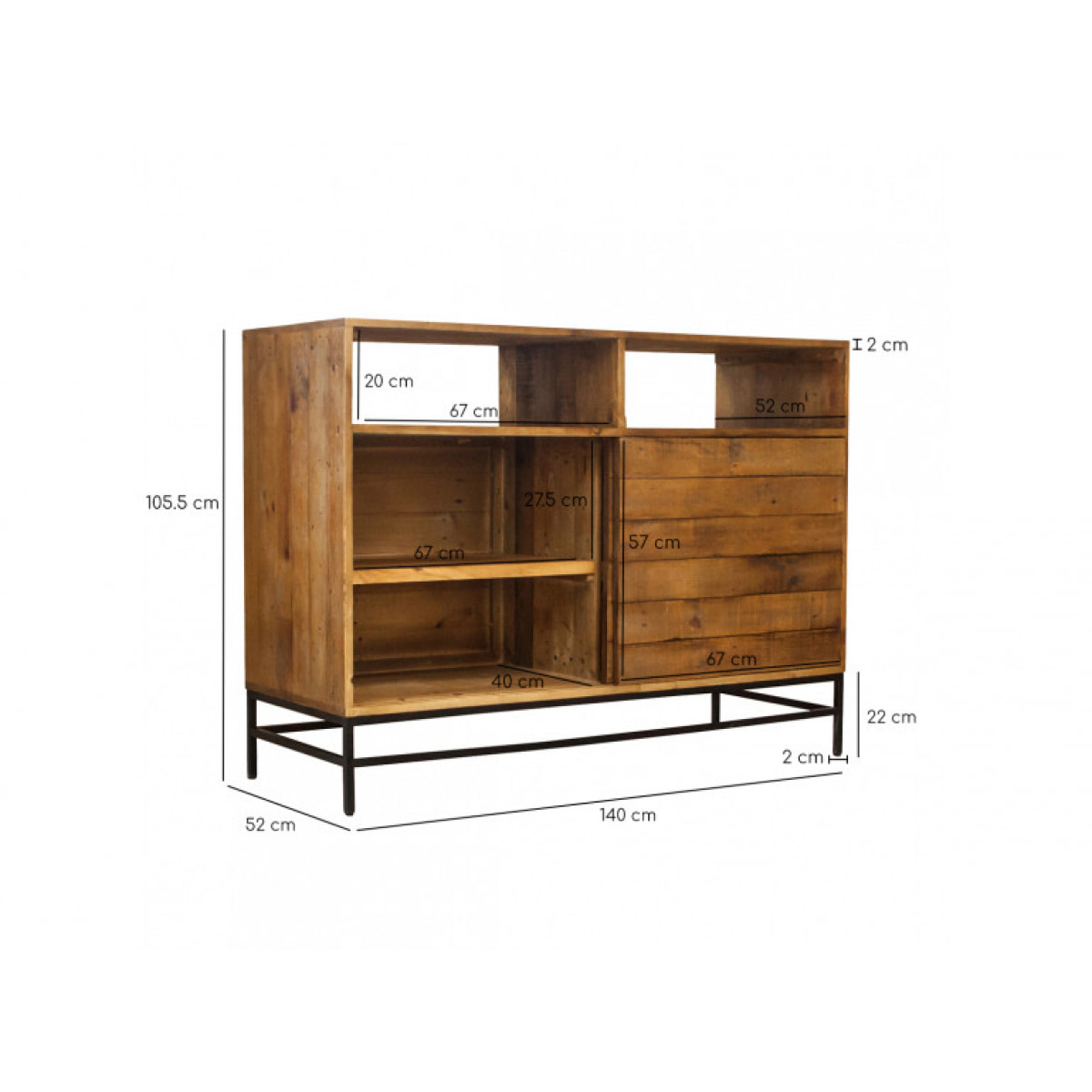 Bar en bois de pin recyclé métal noir L140cm - INDUS