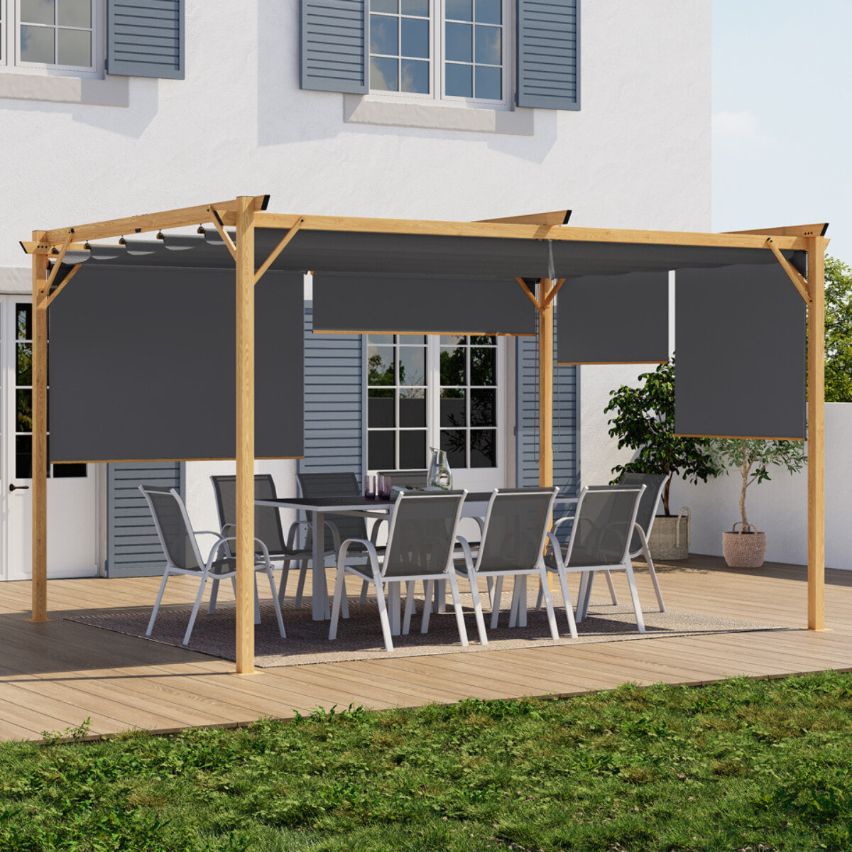Pergola Marina 3x4m toit rétractable + 4 stores effet bois