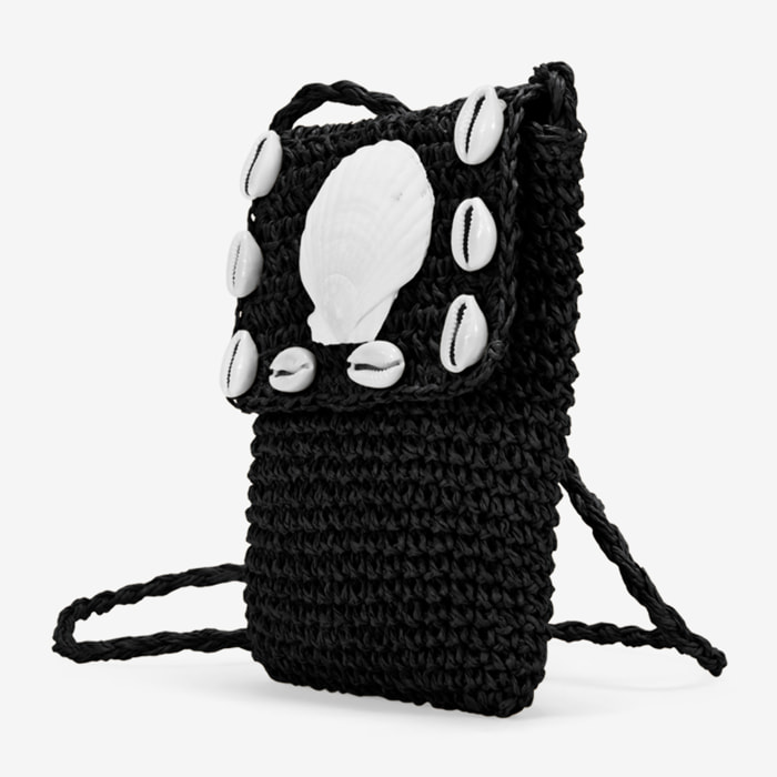 Bolso para móvil negro en rafia con conchas