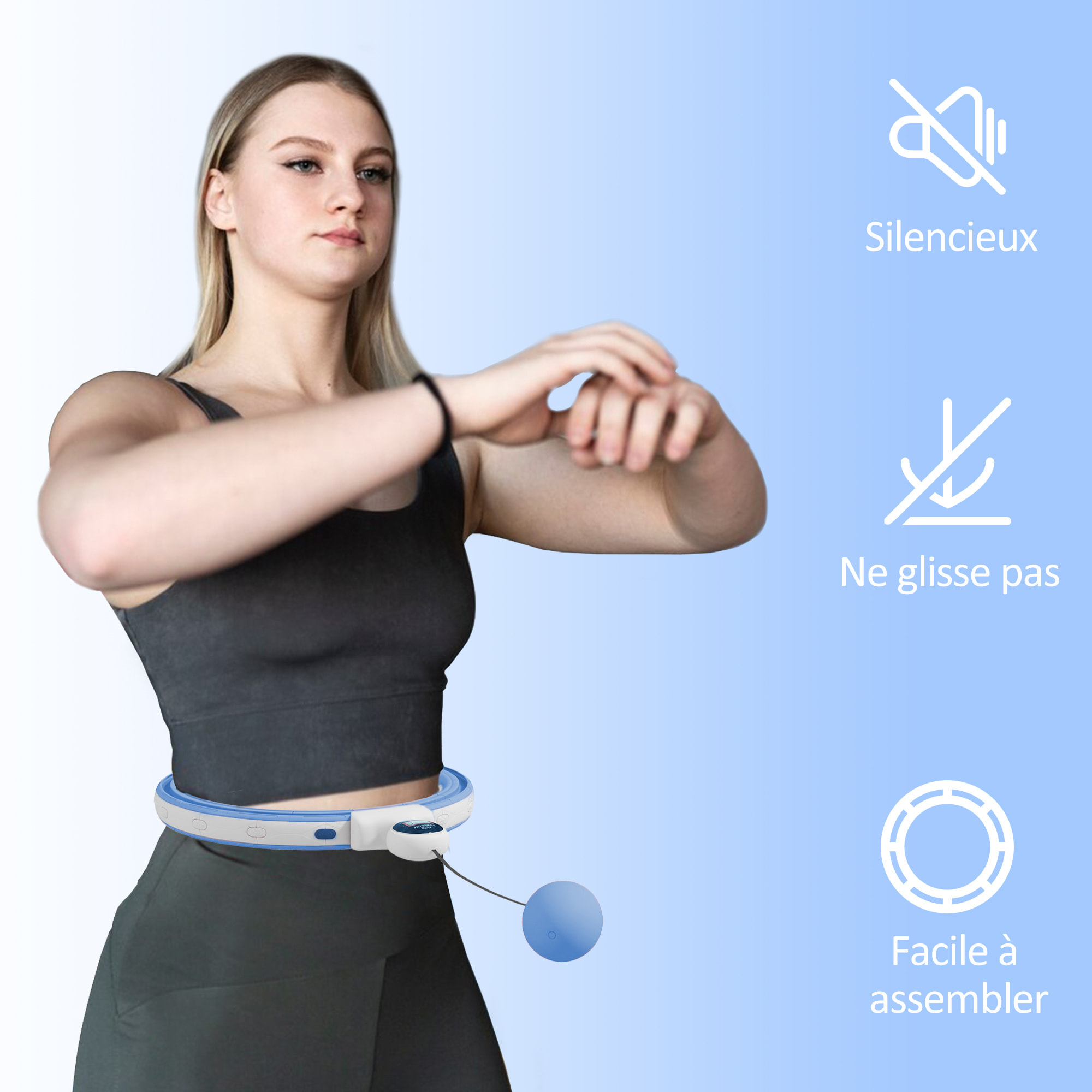 Hula Hoop fitness réglable dia. 76-113 cm - picots massage intégrés, segments amovibles - blanc bleu