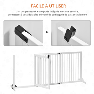 Barrière de sécurité chien barrière autoportante longueur réglable porte verrouillable intégrée dim. 113-166L x 36l x 71H cm sapin blanc