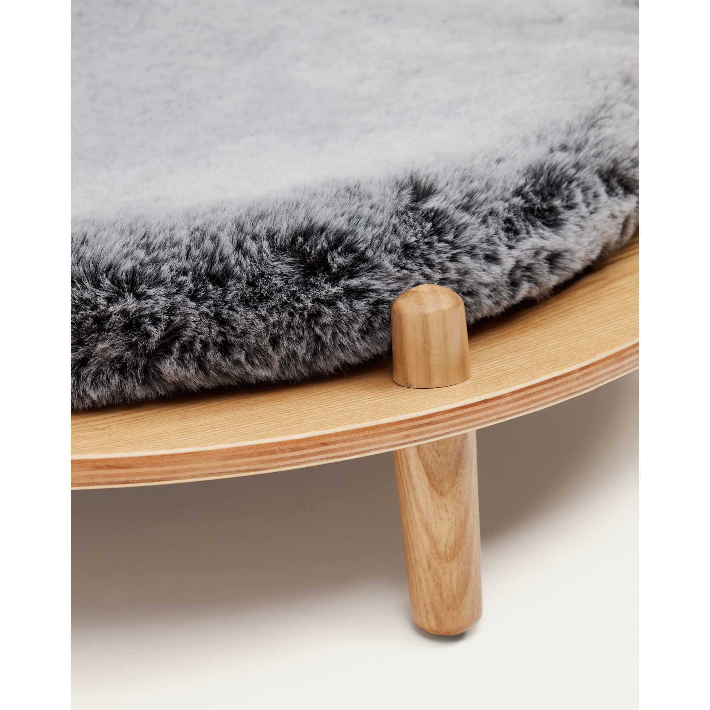 Cama para mascota Bunola de madera contrachapada de fresno y cojín pelo gris Ø 70 cm