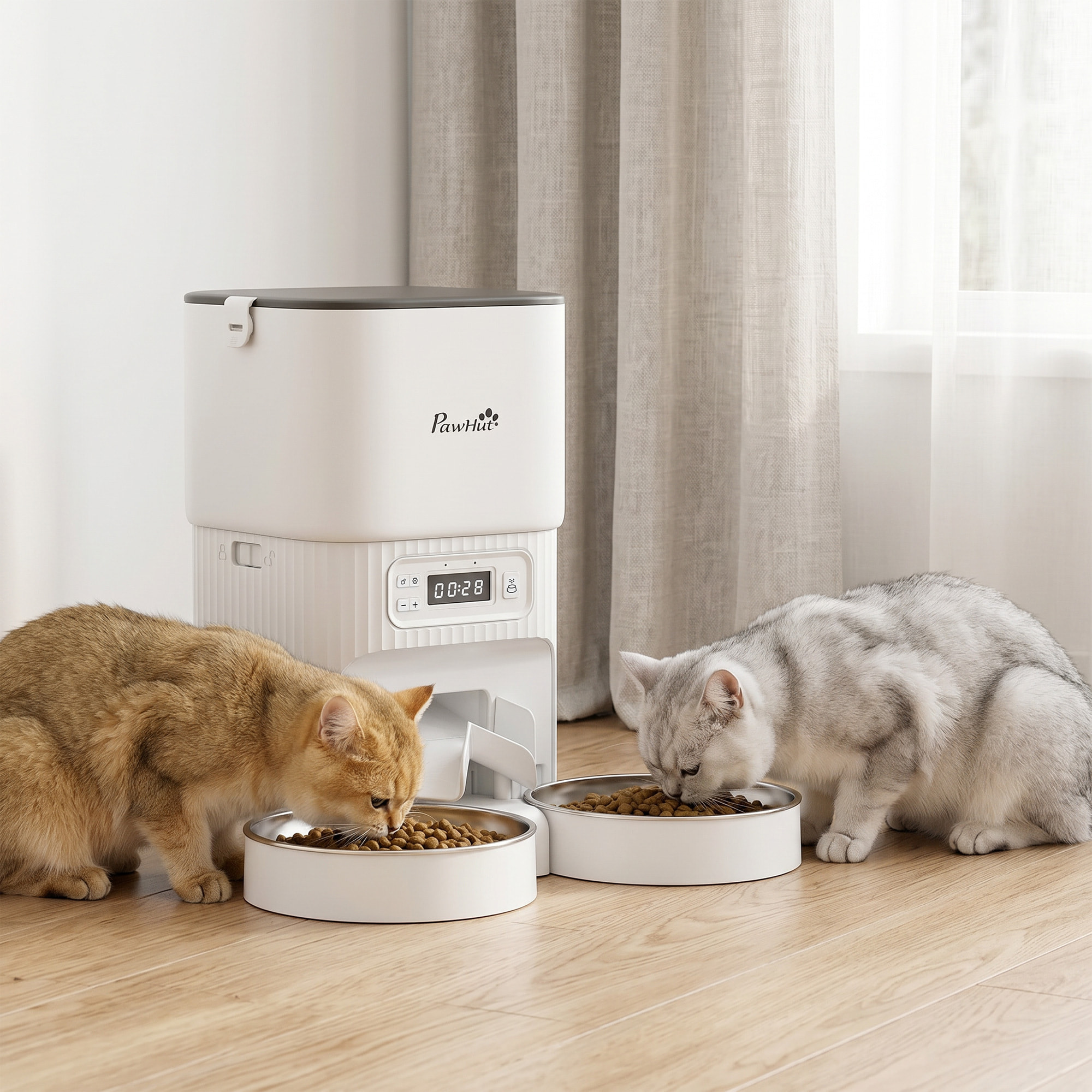Comedero Gato Automático 4L, Dispensador Comida para Gatos/Perros con 1-6 Comidas al Día, 2 Cuencos de Acero Inoxidable, Antiatascos, 2 Fuentes de Alimentación, Fácil de Limpiar, Blanco