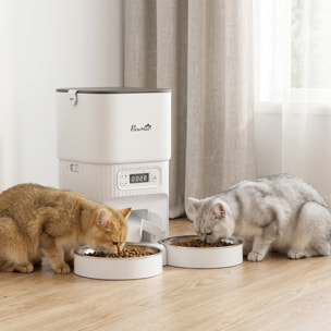 Comedero Gato Automático 4L, Dispensador Comida para Gatos/Perros con 1-6 Comidas al Día, 2 Cuencos de Acero Inoxidable, Antiatascos, 2 Fuentes de Alimentación, Fácil de Limpiar, Blanco