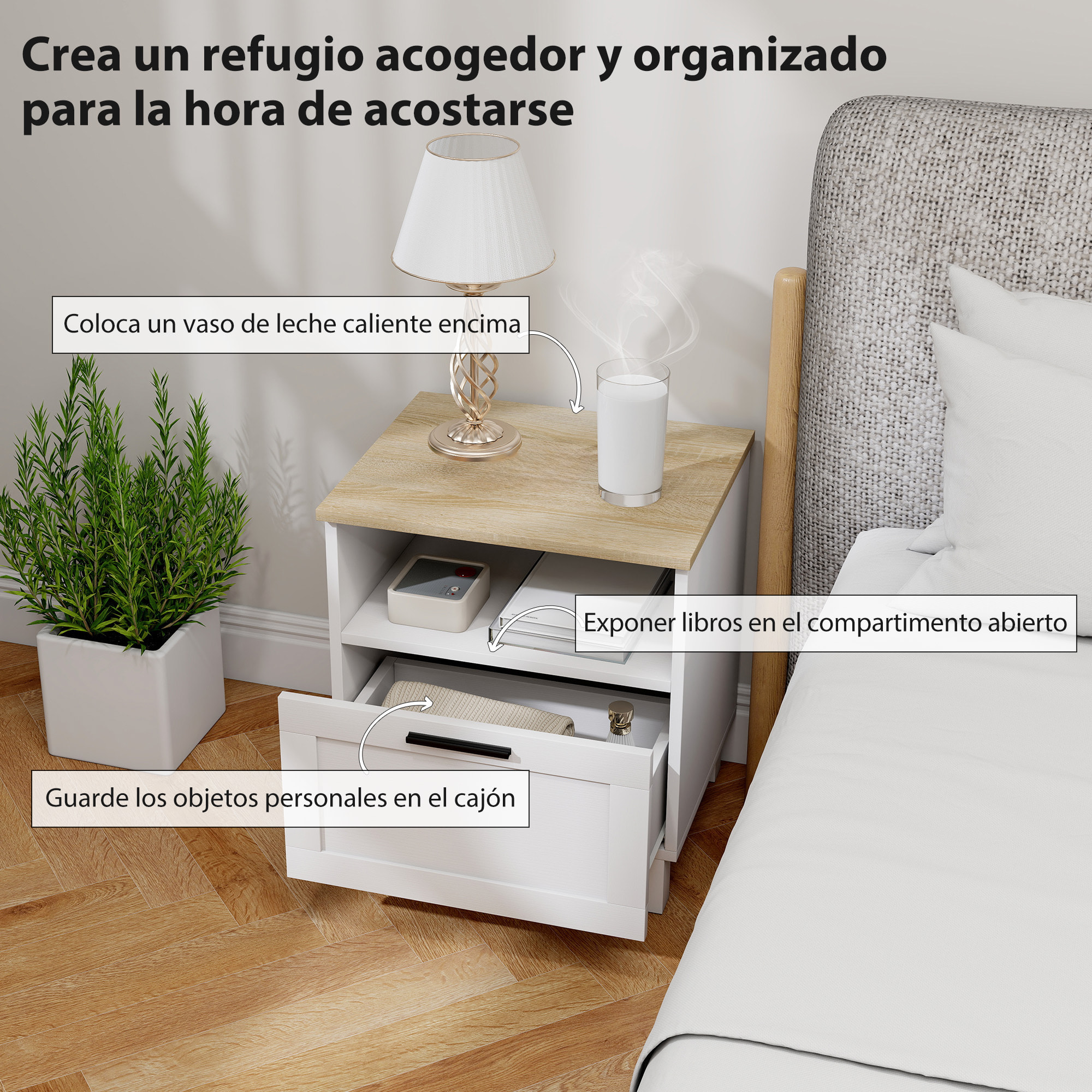 Juego de 2 Mesitas de Noche Modernas, Mesillas de Noche con Cajón, Compartimento Abierto, Patas de Madera, Mesa Auxiliar para Salón, Dormitorio, 45x38x50 cm, Blanco