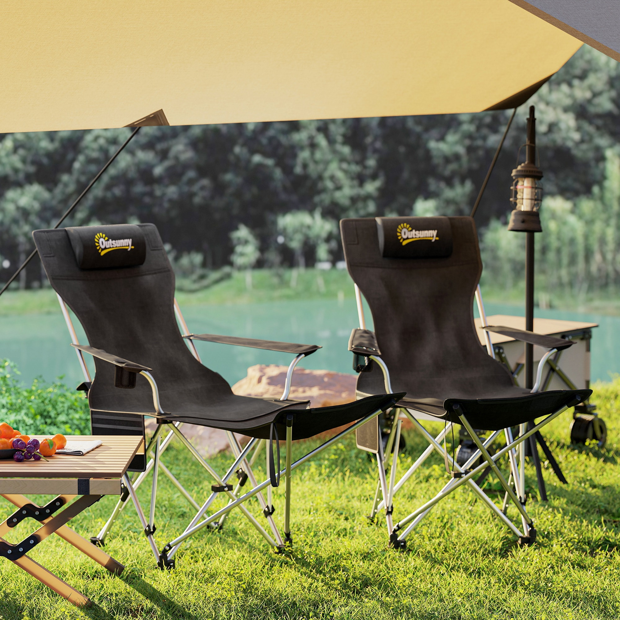 Lot de 2 chaises de camping pliantes - repose-pied amovible, rangements - sac transport - noir
