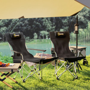 Lot de 2 chaises de camping pliantes - repose-pied amovible, rangements - sac transport - noir