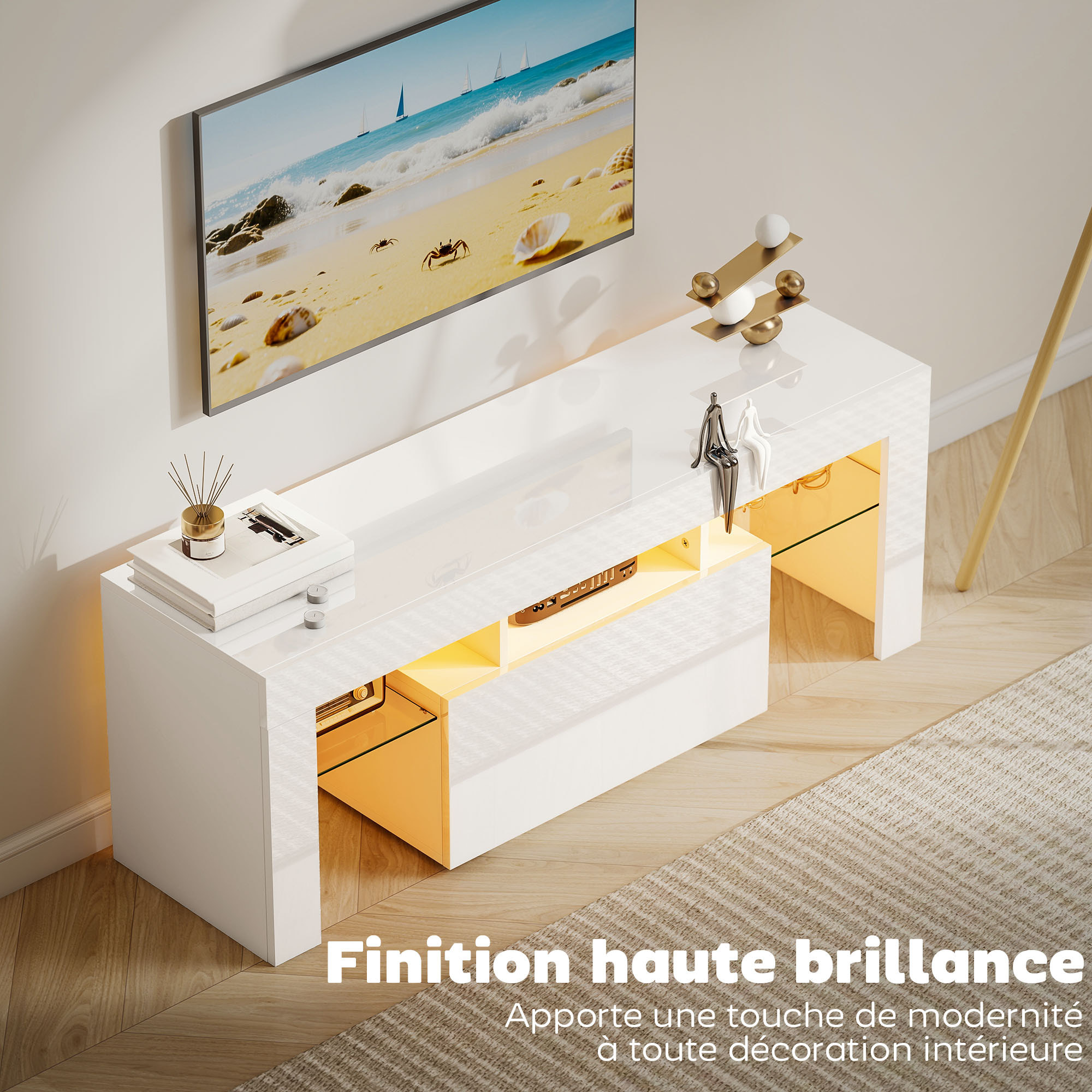 Meuble TV design blanc laqué LED réglable - 2 étagères verre trempé, niche, porte - dim. 120 x 34 x 45 cm
