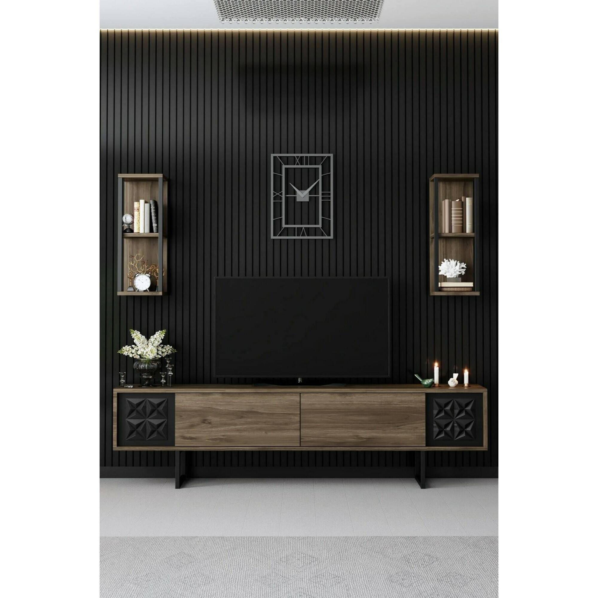 Mobile porta TV Dmiggian, Credenza da soggiorno, Armadio basso per TV, Base parete attrezzata, 180x30h48 cm, Noce e Nero