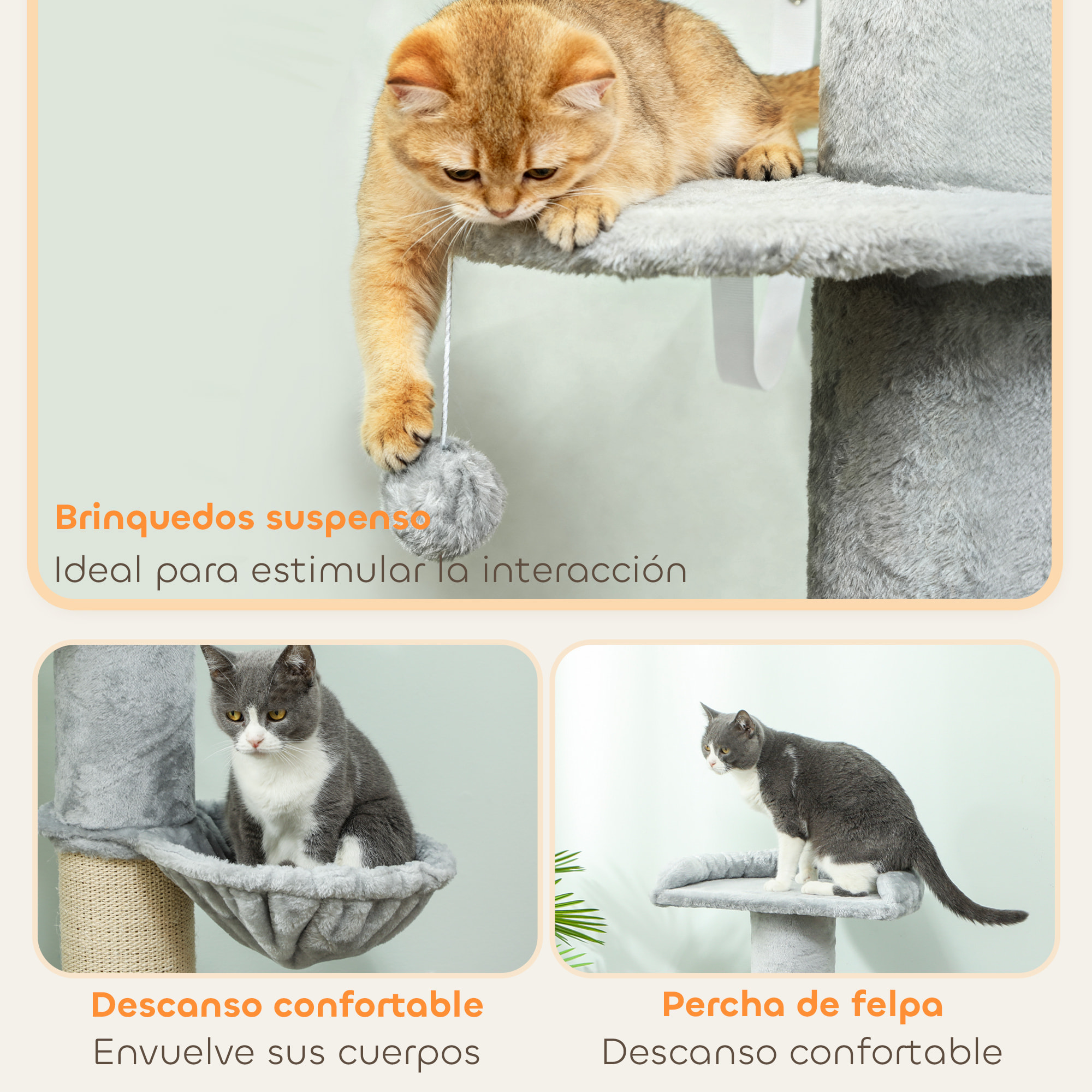 Árbol Rascador para Gatos, Árbol para Gatos 103,5 cm, Torre Escalador con Cama, Hamaca, Plataforma, Poste de Sisal Extra Grueso, Bola Colgante, Gris Claro