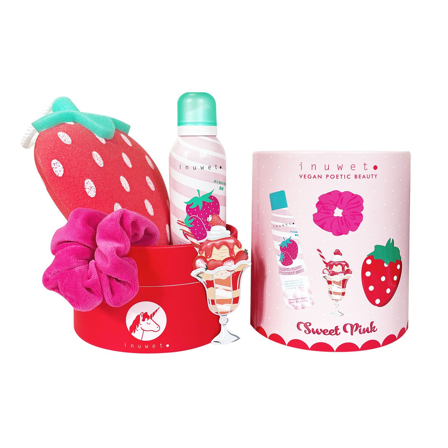Sweet Pink - Coffret Mousse Douche Fraise 200 ml + Eponge + Choucou + Sticker