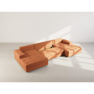 Bastian - canapé panoramique en U 7 places convertible avec coffre en velours texturé - Terracotta