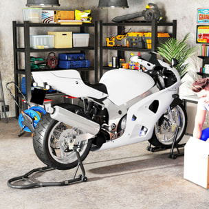 Caballete de Moto, Carga 390 kg, Soporte Delantero y Trasero Universal, Elevador de Moto de Acero con Horquillas Ajustables en U+L, Ruedas y Clips de Sujeción, Negro