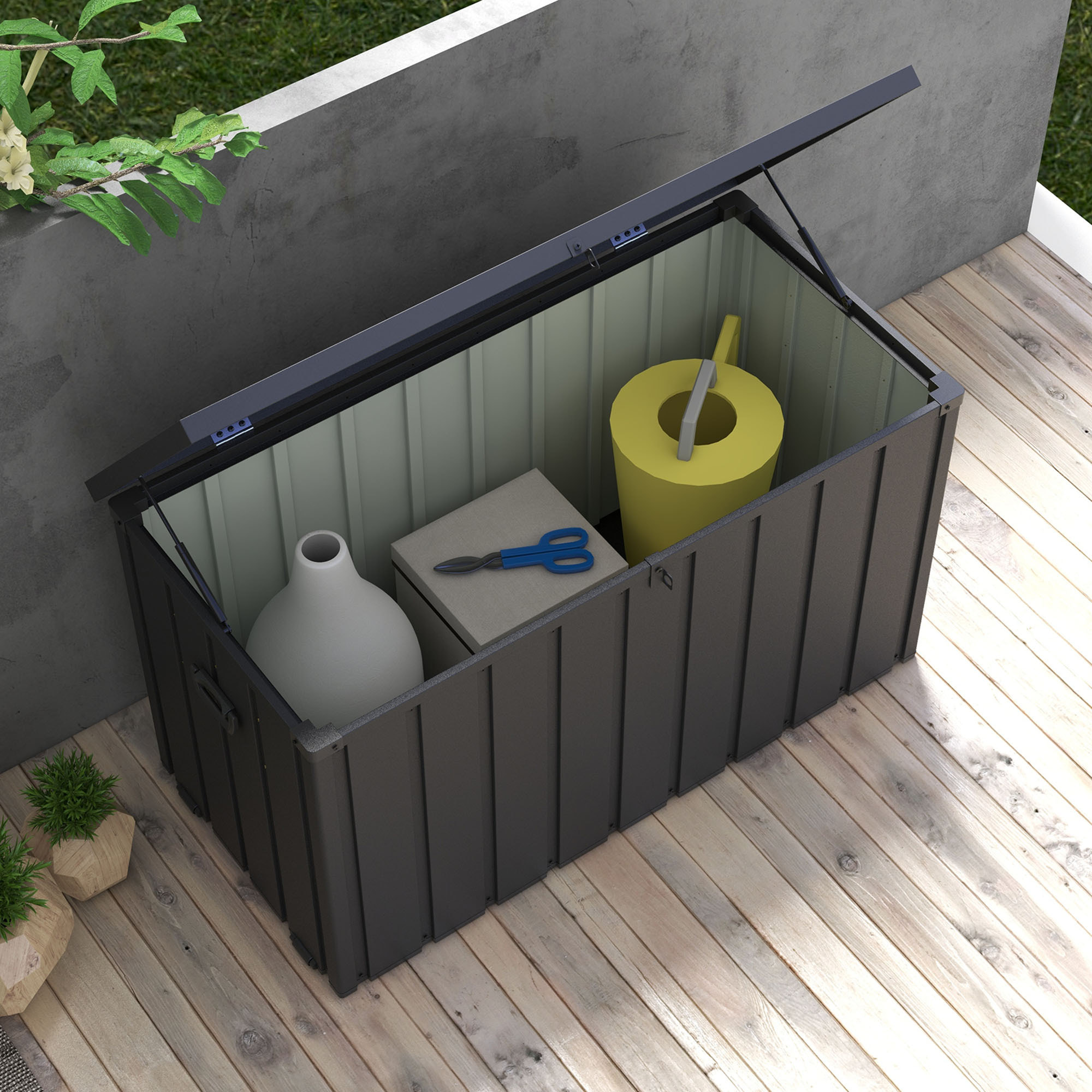 Arcón Exterior Capacidad 450L, Baúl Almacenaje Exterior de Acero con 4 Ruedas, 2 Asas y Tapa Bloqueable, Resistente a la Intemperie, para Jardín, Terraza, Patio, 125,5x61,5x70 cm, Gris Oscuro