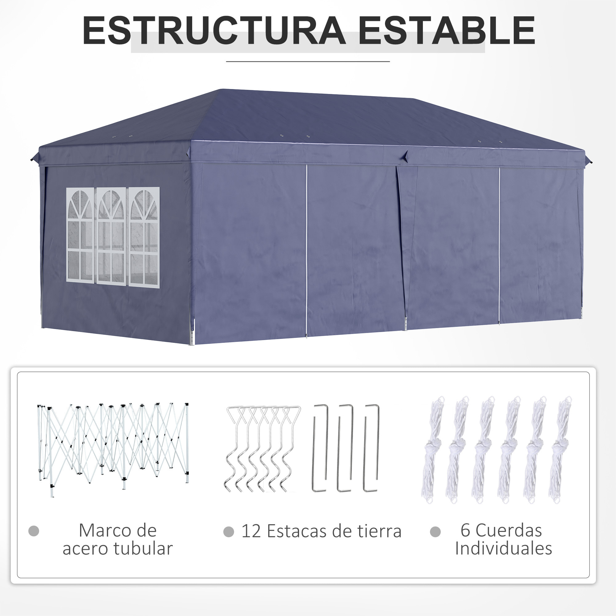 Carpa Plegable 6x3x2,7 m Cenador de Jardín Gazebo Plegable con 4 Paneles 4 Ventanas 2 Puertas con Cremallera 1 Bolsa Anti-UV para Terraza Patio Playa Azul