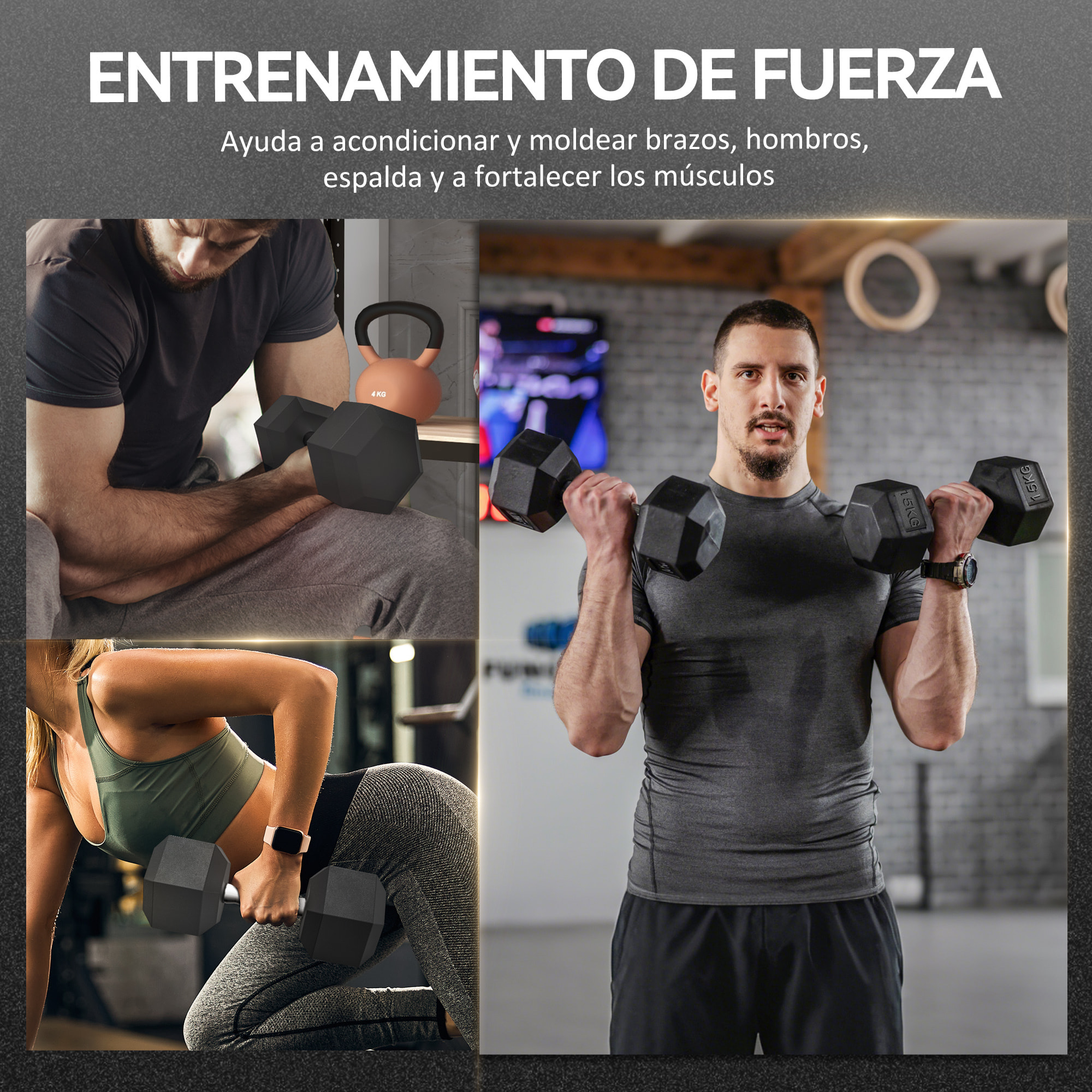 Juego de Mancuernas Hexagonales, 2 x 15 kg, de Hierro Fundido, Recubiertas de Goma, Juego de Pesas con Barras de Conexión para Entrenamiento en Casa, Gimnasio y Oficina, Negro y Plata
